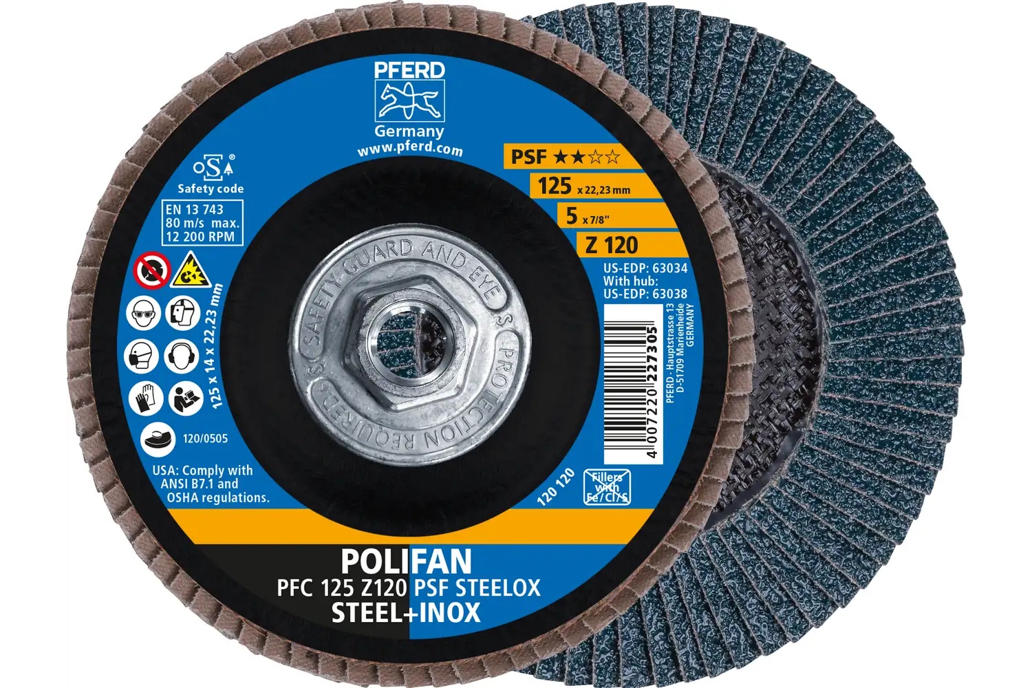 Picture of Pferd Flap Disc, 5" x 5/8-11, Z PSF Steelox, 120 Grit, T29, Conical, Zirconia